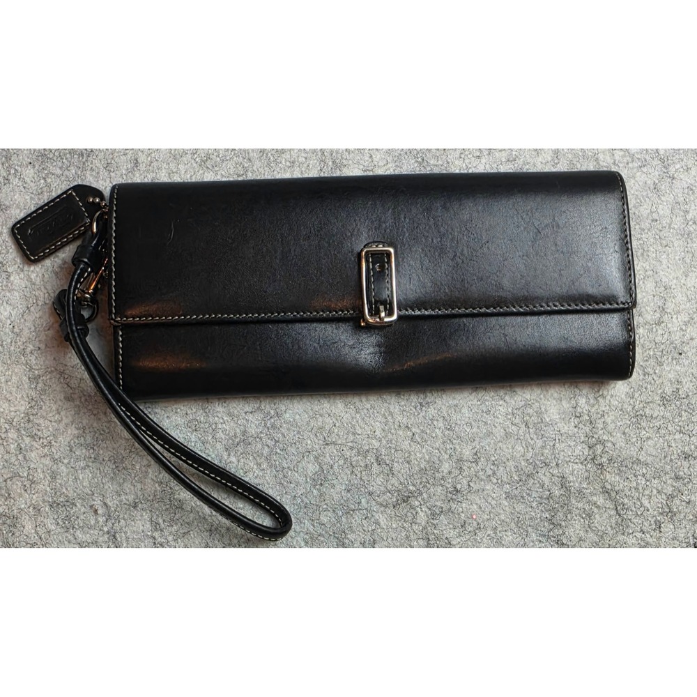 Vintage Coach Black Leather Slim Wristlet Clutch Red Interior Y2K Turnlock Purse